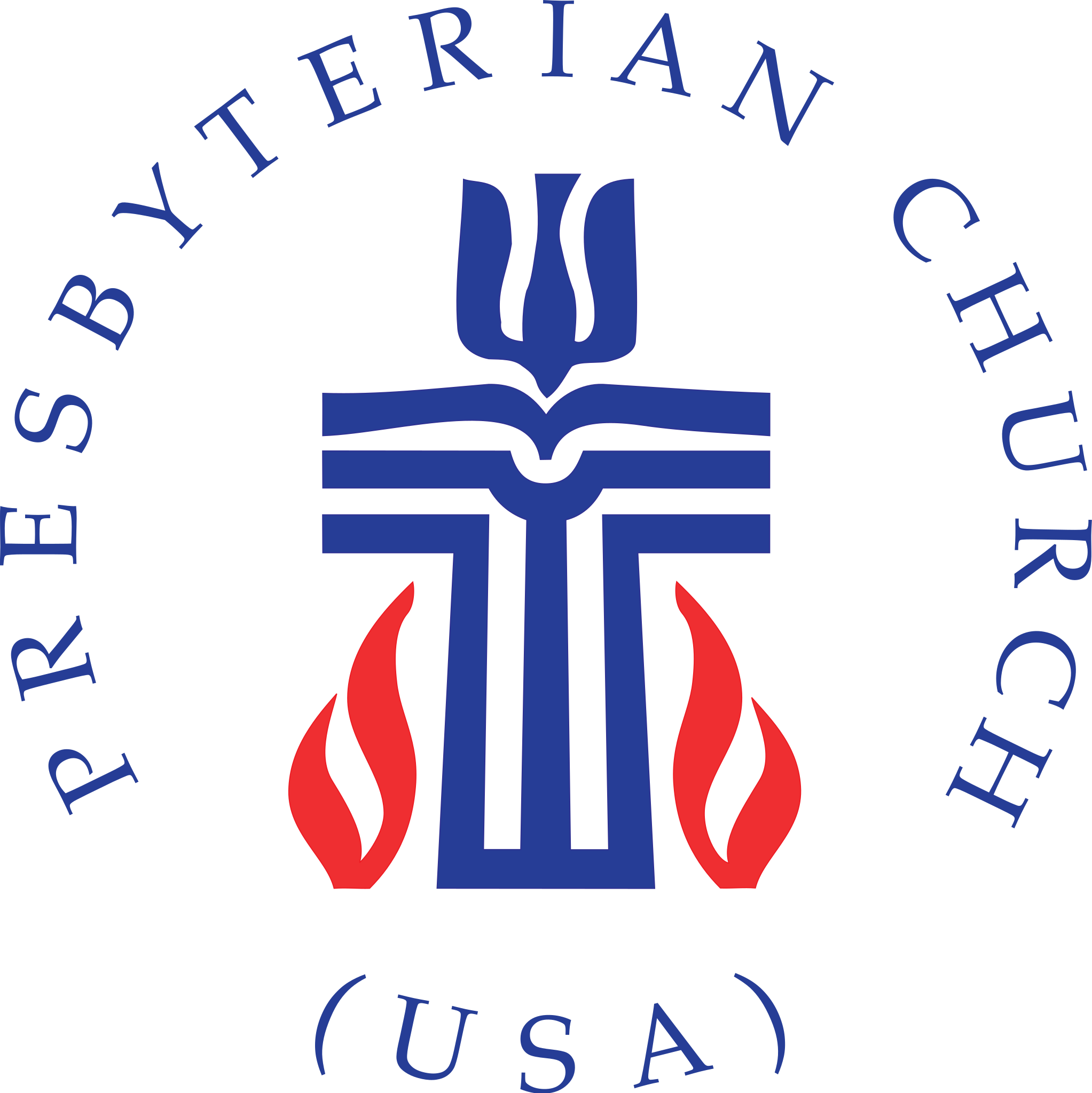Logo of the Presbyterian Church (USA) featuring a blue cross, red flames, and a dove. Circular text surrounds the central symbol.