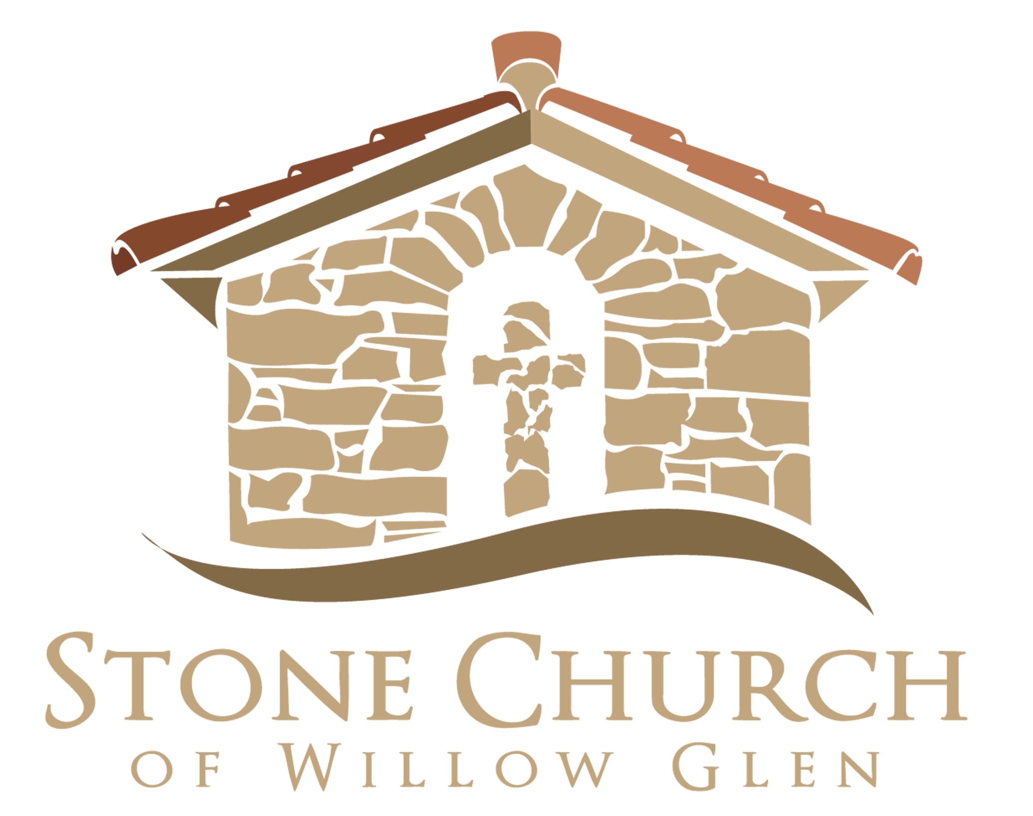 A stone church logo with a cross symbol, featuring a stylized stone structure and red-tiled roof, titled "Stone Church of Willow Glen."