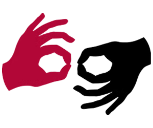 Two hands making the "OK" gesture, one red and one black, against a plain background. It's a simple artistic representation.