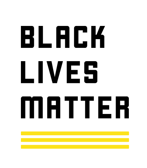 Black text reads "Black Lives Matter" above yellow horizontal lines, symbolizing social justice and equality. The design encourages solidarity and support for racial equality.