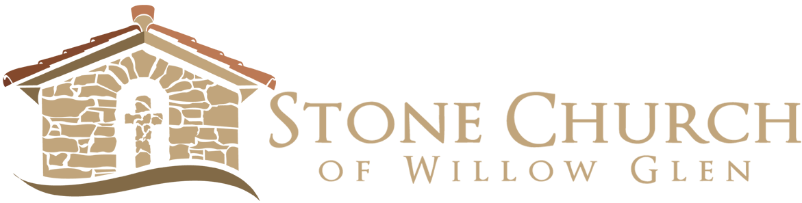 Stone Church of Willow Glen logo featuring a stylized stone building with a red-tiled roof and cross-shaped window.