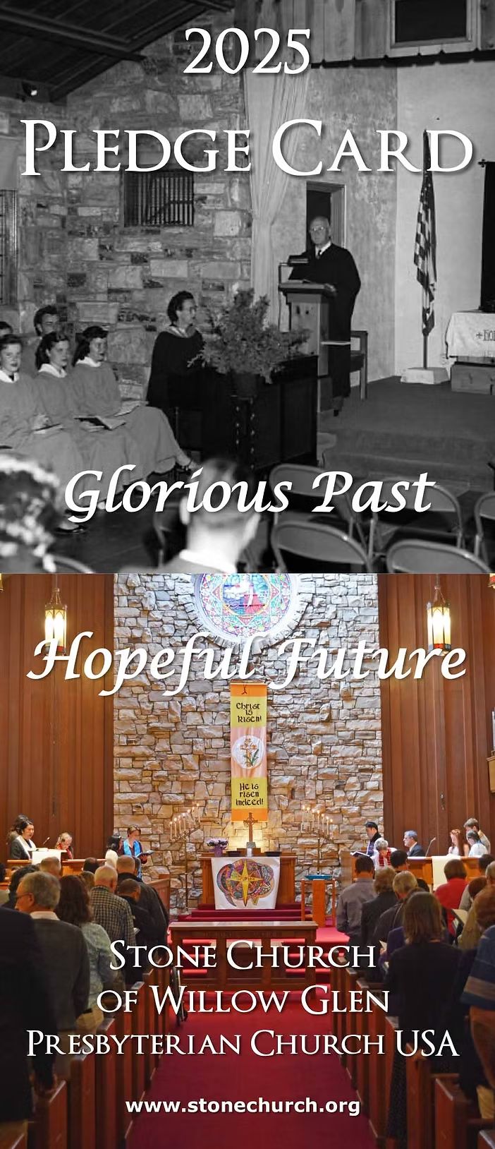 The image shows a church interior with people, stained glass, and banners. It's from Stone Church of Willow Glen Presbyterian.