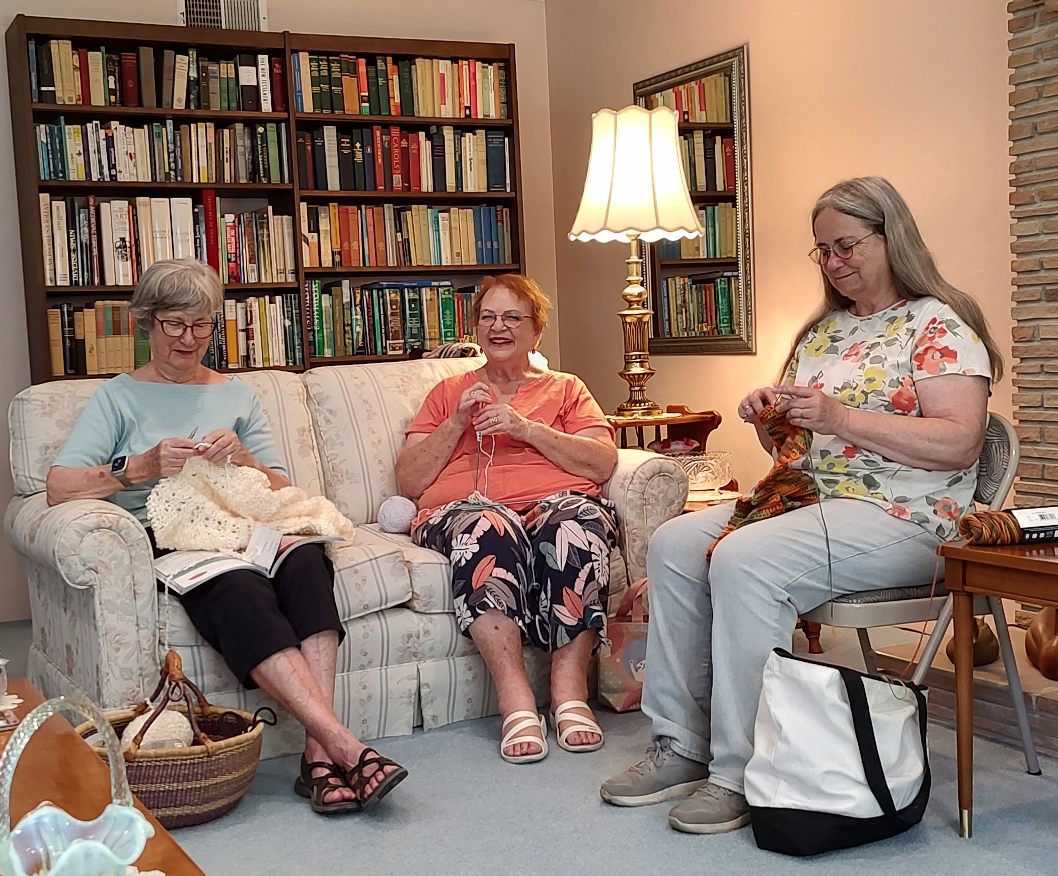Three people knit and chat in a cozy living room, surrounded by bookshelves and a lamp, creating a warm, inviting atmosphere.