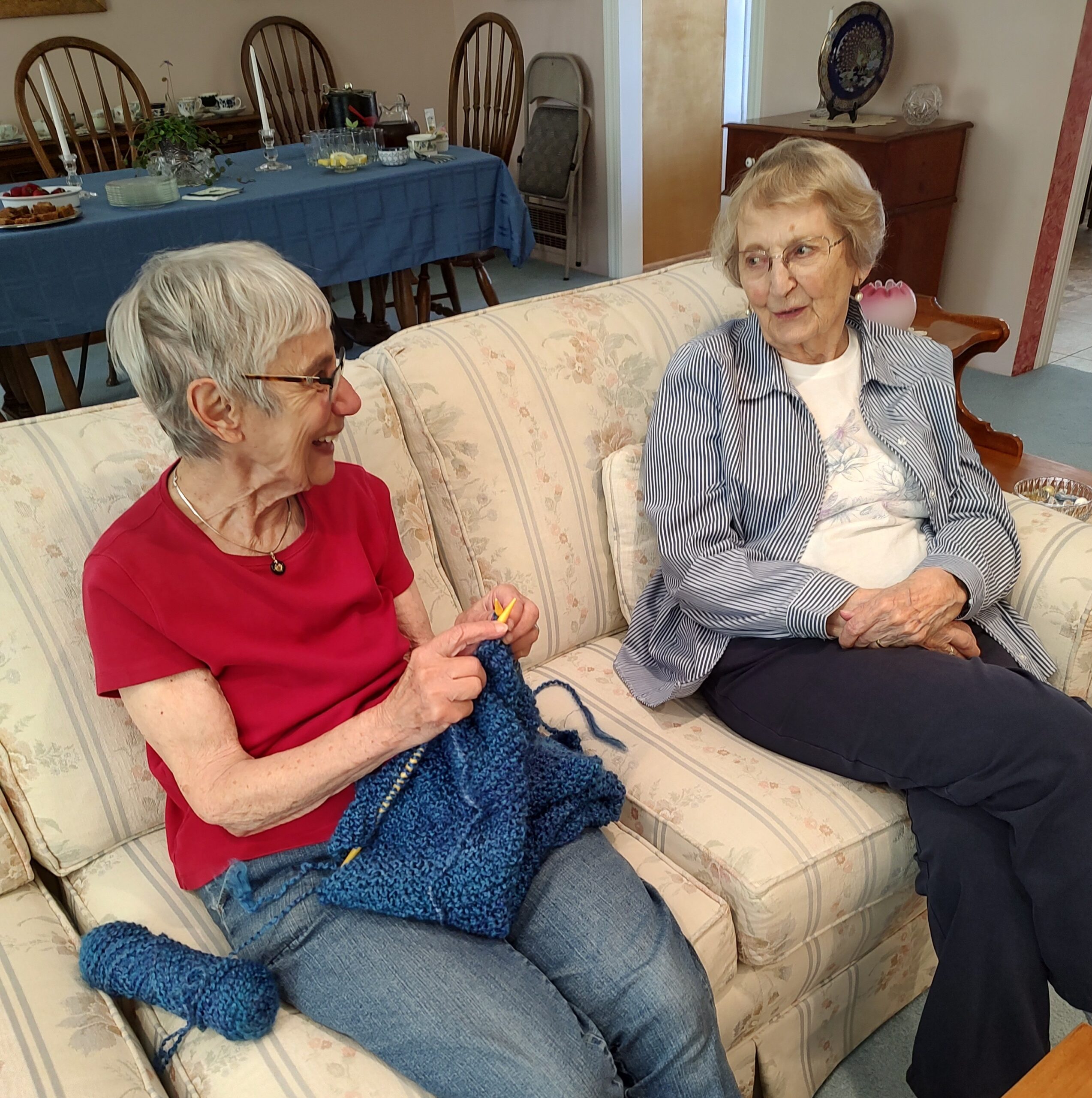 Two people sit on a floral sofa in a living room. One knits with blue yarn. A dining table is in the background.