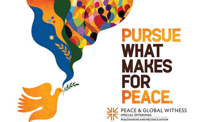 Colorful illustration of a dove carrying an olive branch with abstract people figures. Accompanied by the text, "Pursue what makes for peace."