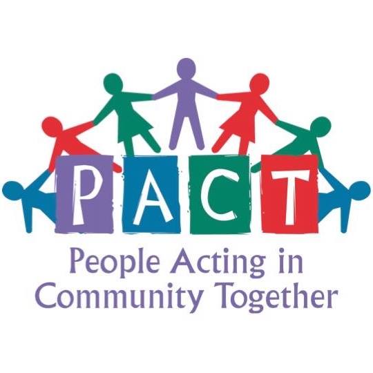 Colorful logo with letters "PACT" on blocks, surrounded by paper-cutout figures, and the phrase "People Acting in Community Together" below.